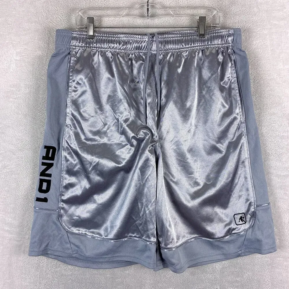VTG AND1 Shorts Men XL Silver Dazzle Basketball Shiny Silky Mesh Gym Workout Y2K